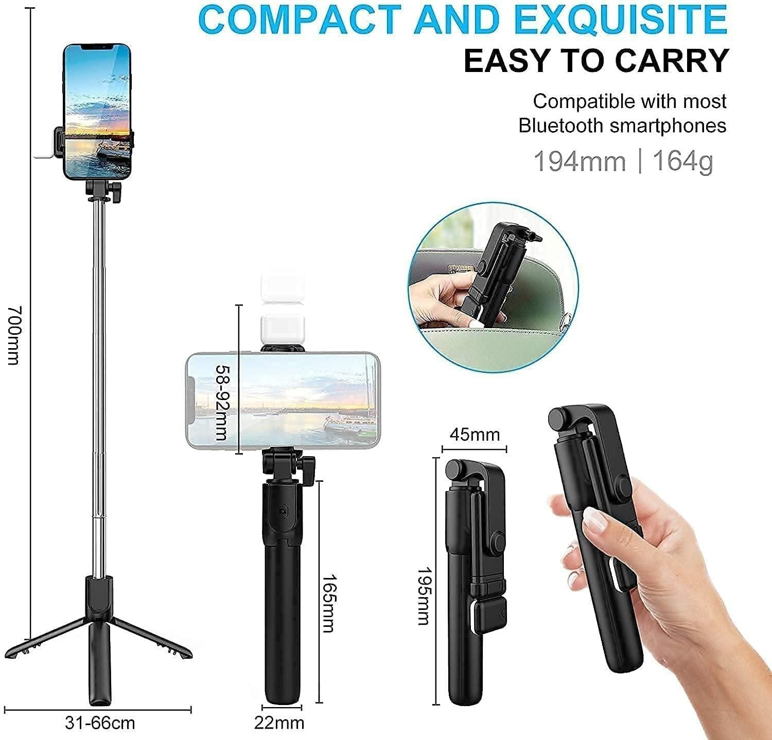 Extendable Flash Selfie Stick Tripod with Bluetooth Remote (3-in-1)