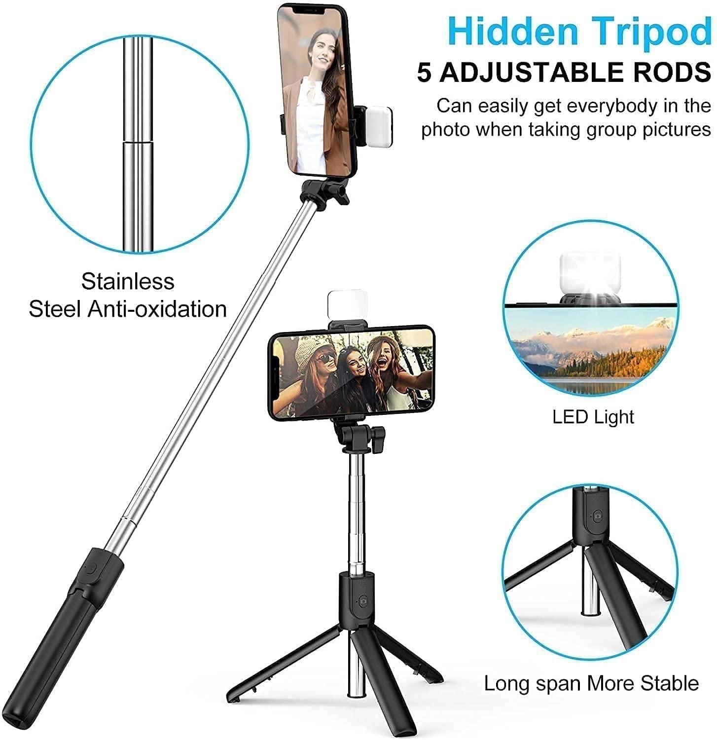 Extendable Flash Selfie Stick Tripod with Bluetooth Remote (3-in-1)